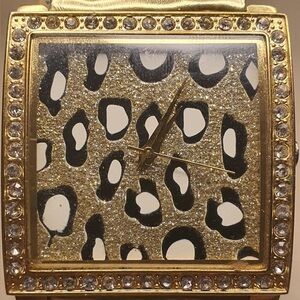 🦋10/$20🦋 Parmex Goldtone/Leapord Print Rhinestone Leather Women's Watch